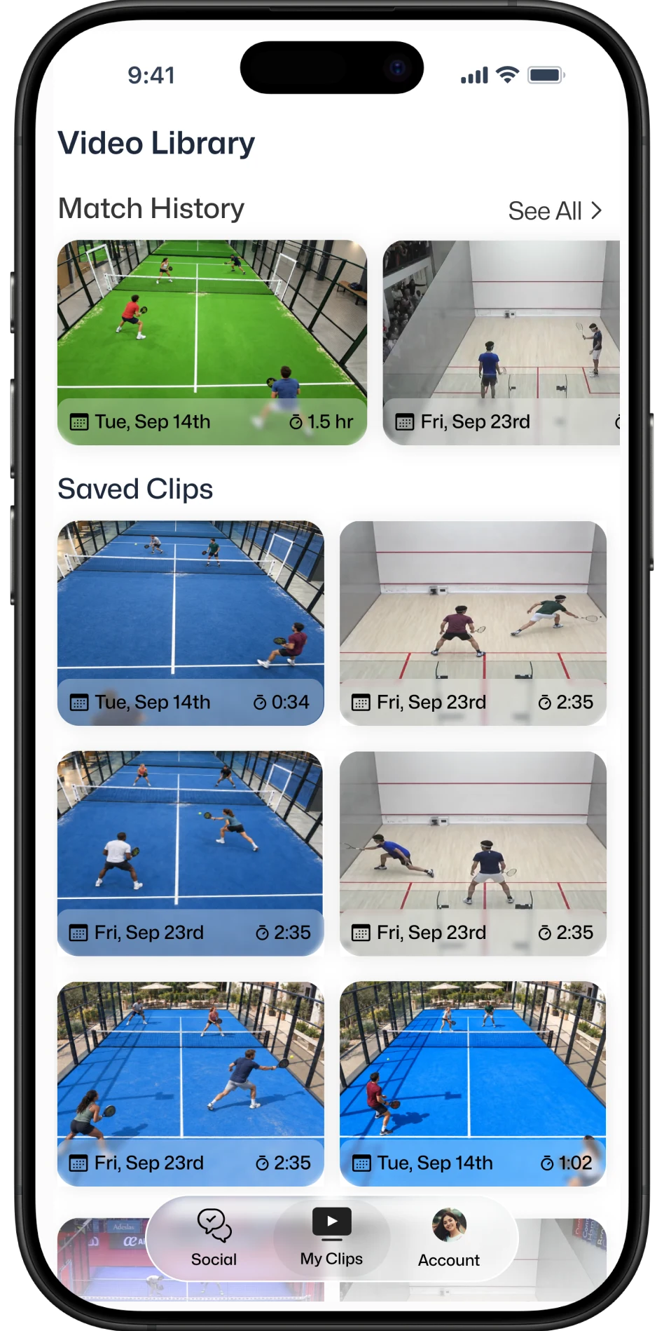 Video Library in the club app, showing match history and saved clips